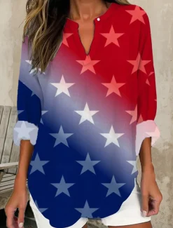 Women's Blouse Tunic V Neck Long Sleeve Boho Casual Patriotic Graphic Flag Vintage Tropical Regular Tops Daily Wear Print Black Red Blue