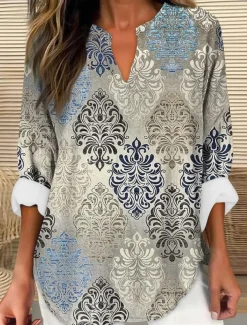 Women's Blouse Tunic V Neck Long Sleeve Boho Casual Tops Graphic Geometric Vintage Daily Regular Tops Daily Vacation Wear Print Blue