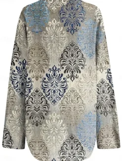 Women's Blouse Tunic V Neck Long Sleeve Boho Casual Tops Graphic Geometric Vintage Daily Regular Tops Daily Vacation Wear Print Blue