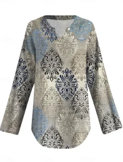 Women's Blouse Tunic V Neck Long Sleeve Boho Casual Tops Graphic Geometric Vintage Daily Regular Tops Daily Vacation Wear Print Blue