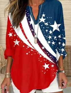 Women's Blouse Tunic V Neck Long Sleeve Boho Casual Patriotic Graphic Flag Vintage Stylish Regular Tops Daily Red