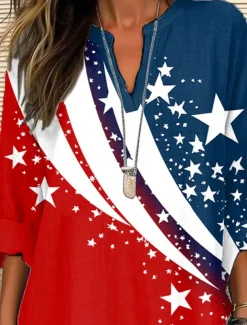 Women's Blouse Tunic V Neck Long Sleeve Boho Casual Patriotic Graphic Flag Vintage Stylish Regular Tops Daily Red