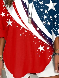 Women's Blouse Tunic V Neck Long Sleeve Boho Casual Patriotic Graphic Flag Vintage Stylish Regular Tops Daily Red