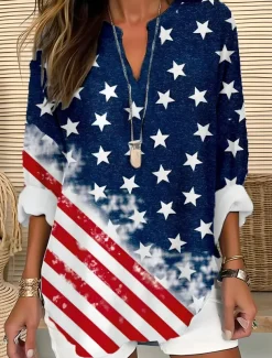 Women's Blouse Tunic V Neck Long Sleeve Boho Casual Patriotic Flag Red White And Blue Short Sleeve Regular Tops Daily Print Red Light Brown Blue