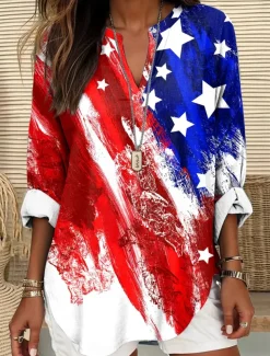 Women's Blouse Tunic V Neck Long Sleeve Boho Casual Patriotic Flag Red White And Blue Short Sleeve Regular Tops Daily Print Red Light Brown Blue