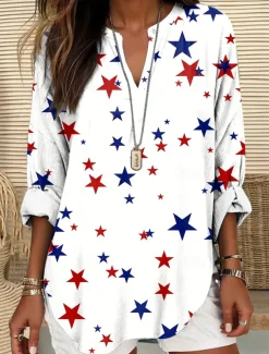 Women's Blouse Tunic V Neck Long Sleeve Boho Casual Patriotic Flag Red White And Blue Short Sleeve Regular Tops Daily Print Red Light Brown Blue