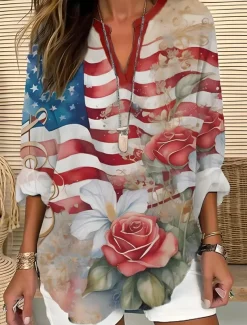 Women's Blouse Tunic V Neck Long Sleeve Boho Casual Patriotic Flag Red White And Blue Short Sleeve Regular Tops Daily Print Red Light Brown Blue