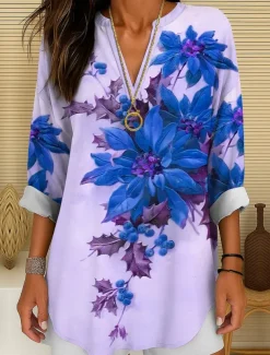 Women's Blouse Tunic V Neck Long Sleeve Boho Casual Floral Graphic Vintage Tropical Regular Tops Daily Wear Print Yellow Red Blue Purple Green Winter