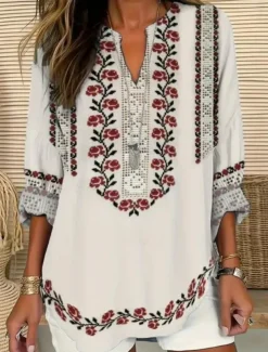 Women's Blouse Tunic V Neck Long Sleeve Boho Casual Graphic Geometric Paisley Elegant Bohemia Vintage Regular Tops Daily Print Black Blue Light Grey Beige