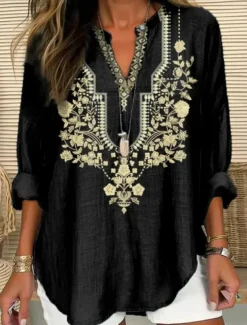 Women's Blouse Tunic V Neck Long Sleeve Boho Casual Graphic Geometric Paisley Elegant Bohemia Vintage Regular Tops Daily Print Black Blue Light Grey Beige