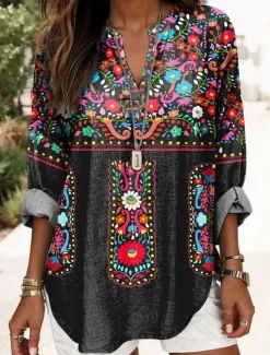 Women's Blouse Tunic V Neck Long Sleeve Boho Casual Floral Graphic Vintage Tropical Regular Tops Daily Vacation Wear Print Black Pink