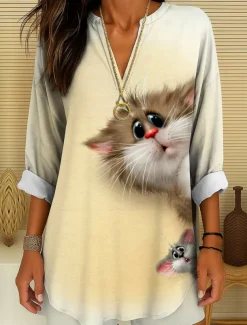Women's Blouse Tunic V Neck Long Sleeve Boho Casual Summer Tops Graphic Animal Cat Vintage Tropical Regular Tops Daily Wear Print Yellow Red Orange Apricot