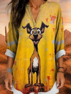 Women's Blouse Tunic V Neck Long Sleeve Boho Casual Summer Tops Graphic Animal Cat Vintage Tropical Regular Tops Daily Wear Print Yellow Red Orange Apricot
