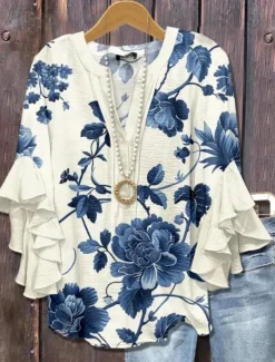 Women's Blouse V Neck Floral Graphic Bohemia Vintage Daily 3/4 Length Sleeve Flutter Sleeve Regular Tops Daily Holiday Vacation Wear Ruffle Print Blue Light Blue Summer Spring Fall