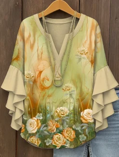 Women's Blouse V Neck Layered Ruffle Sleeve Tops Ombre Floral Graphic Bohemia Vintage Daily 3/4 Length Sleeve Regular Tops Daily Holiday Vacation Wear Print Yellow Red Blue Purple Green Summer Spring