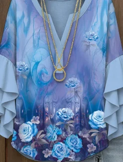 Women's Blouse V Neck Layered Ruffle Sleeve Tops Ombre Floral Graphic Bohemia Vintage Daily 3/4 Length Sleeve Regular Tops Daily Holiday Vacation Wear Print Yellow Red Blue Purple Green Summer Spring