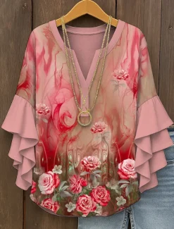 Women's Blouse V Neck Layered Ruffle Sleeve Tops Ombre Floral Graphic Bohemia Vintage Daily 3/4 Length Sleeve Regular Tops Daily Holiday Vacation Wear Print Yellow Red Blue Purple Green Summer Spring