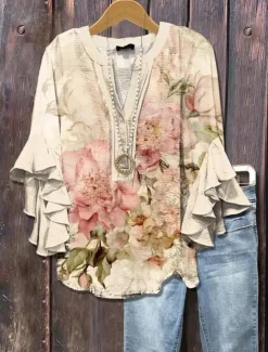 Women's Blouse V Neck Layered Ruffle Sleeve Tops Floral Graphic Paisley Daily Stylish Casual 3/4 Length Sleeve Regular Tops Daily Holiday Vacation Wear Print Yellow Pink Blue Dusty Blue Summer Spring
