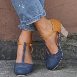 Women's Blue and Yellow Two-Tone T-Strap Heeled Shoes for Vintage and Casual Wear