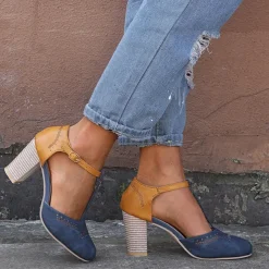 Women's Blue and Yellow Two-Tone T-Strap Heeled Shoes for Vintage and Casual Wear