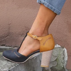 Women's Blue and Yellow Two-Tone T-Strap Heeled Shoes for Vintage and Casual Wear