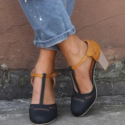 Women's Blue and Yellow Two-Tone T-Strap Heeled Shoes for Vintage and Casual Wear