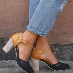 Women's Blue and Yellow Two-Tone T-Strap Heeled Shoes for Vintage and Casual Wear