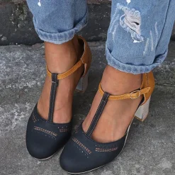 Women's Blue and Yellow Two-Tone T-Strap Heeled Shoes for Vintage and Casual Wear