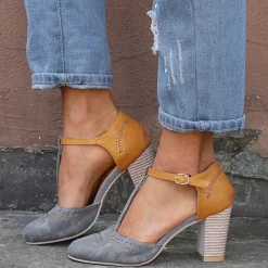 Women's Blue and Yellow Two-Tone T-Strap Heeled Shoes for Vintage and Casual Wear