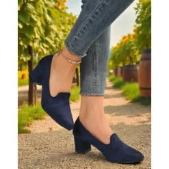Women's Blue Block Heel Shoes– Elegant Faux Suede Pumps for Semi-Formal Gatherings, Cottage Garden Parties and Church Sundays