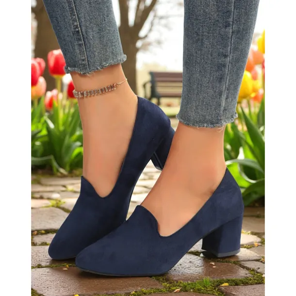Women's Blue Block Heel Shoes– Elegant Faux Suede Pumps for Semi-Formal Gatherings, Cottage Garden Parties and Church Sundays