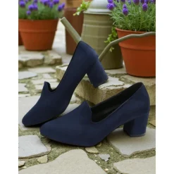 Women's Blue Block Heel Shoes– Elegant Faux Suede Pumps for Semi-Formal Gatherings, Cottage Garden Parties and Church Sundays