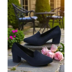 Women's Blue Block Heel Shoes– Elegant Faux Suede Pumps for Semi-Formal Gatherings, Cottage Garden Parties and Church Sundays