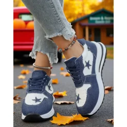Women's Blue Denim Star Lace-Up Sneakers – Casual Vintage-Inspired Athletic Shoes for Parks, Weekend Errands and Picnics
