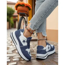 Women's Blue Denim Star Lace-Up Sneakers – Casual Vintage-Inspired Athletic Shoes for Parks, Weekend Errands and Picnics