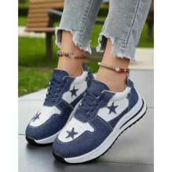 Women's Blue Denim Star Lace-Up Sneakers – Casual Vintage-Inspired Athletic Shoes for Parks, Weekend Errands and Picnics
