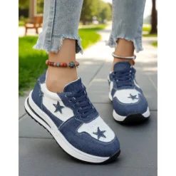 Women's Blue Denim Star Lace-Up Sneakers – Casual Vintage-Inspired Athletic Shoes for Parks, Weekend Errands and Picnics