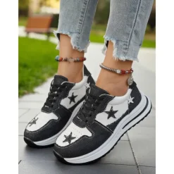 Women's Blue Denim Star Lace-Up Sneakers – Casual Vintage-Inspired Athletic Shoes for Parks, Weekend Errands and Picnics