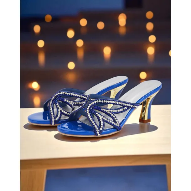 Women's Blue Heeled Sandals - Rhinestone Butterfly Slip-On Party Shoes for Nightlife, Clubs and Special Evenings