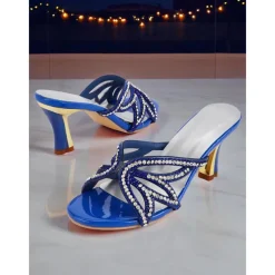 Women's Blue Heeled Sandals - Rhinestone Butterfly Slip-On Party Shoes for Nightlife, Clubs and Special Evenings