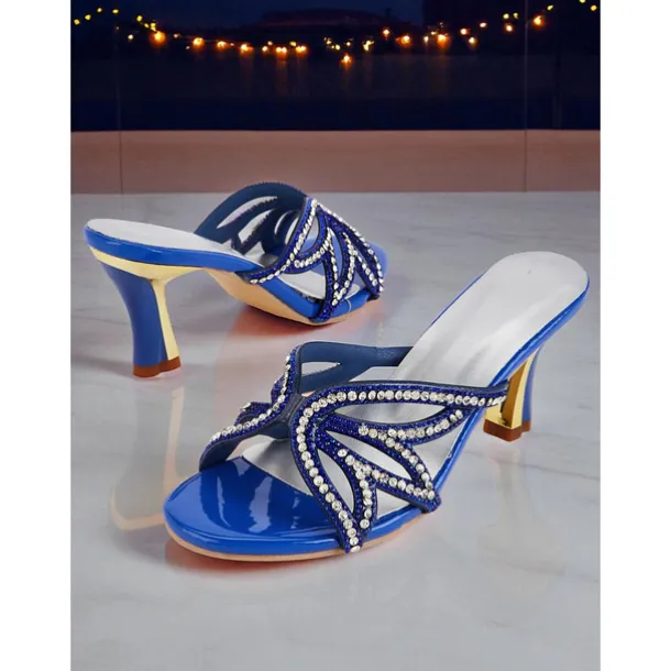 Women's Blue Heeled Sandals - Rhinestone Butterfly Slip-On Party Shoes for Nightlife, Clubs and Special Evenings