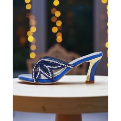 Women's Blue Heeled Sandals - Rhinestone Butterfly Slip-On Party Shoes for Nightlife, Clubs and Special Evenings
