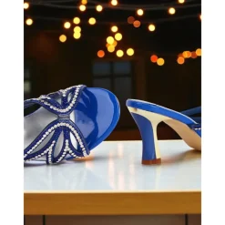 Women's Blue Heeled Sandals - Rhinestone Butterfly Slip-On Party Shoes for Nightlife, Clubs and Special Evenings