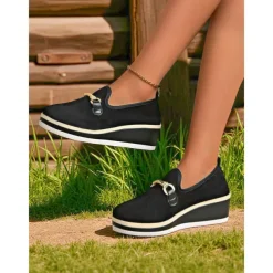 Women's Blue Platform Loafers with Metal Buckle – Stylish Slip-On Wedge Shoes for Casual Wear, Office and Travel