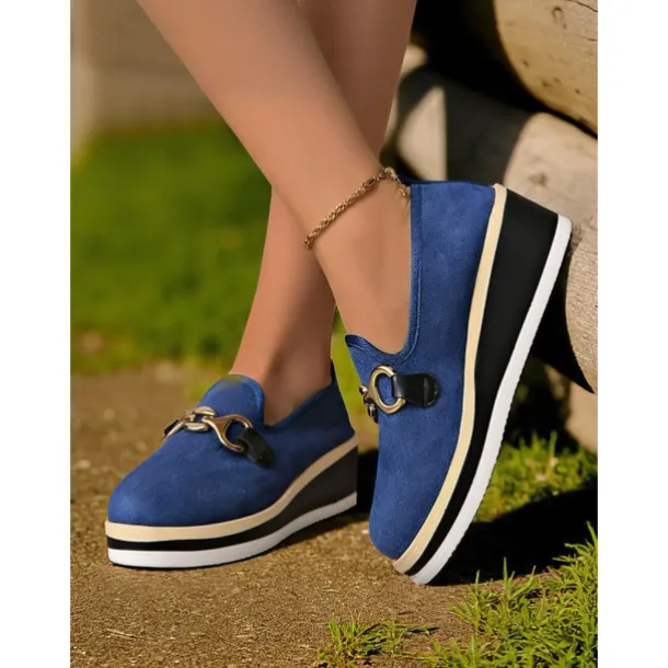 Women's Blue Platform Loafers with Metal Buckle – Stylish Slip-On Wedge Shoes for Casual Wear, Office and Travel