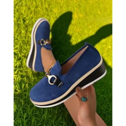 Women's Blue Platform Loafers with Metal Buckle – Stylish Slip-On Wedge Shoes for Casual Wear, Office and Travel
