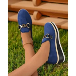 Women's Blue Platform Loafers with Metal Buckle – Stylish Slip-On Wedge Shoes for Casual Wear, Office and Travel