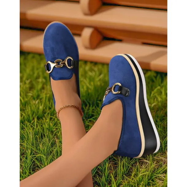 Women's Blue Platform Loafers with Metal Buckle – Stylish Slip-On Wedge Shoes for Casual Wear, Office and Travel