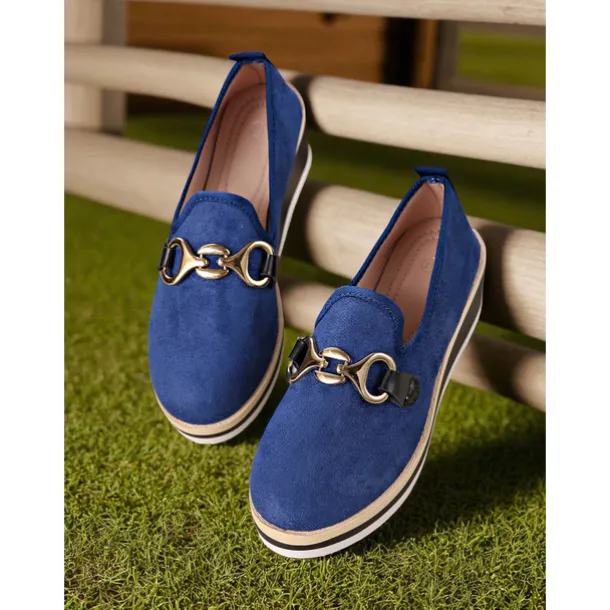 Women's Blue Platform Loafers with Metal Buckle – Stylish Slip-On Wedge Shoes for Casual Wear, Office and Travel