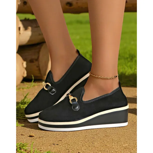 Women's Blue Platform Loafers with Metal Buckle – Stylish Slip-On Wedge Shoes for Casual Wear, Office and Travel